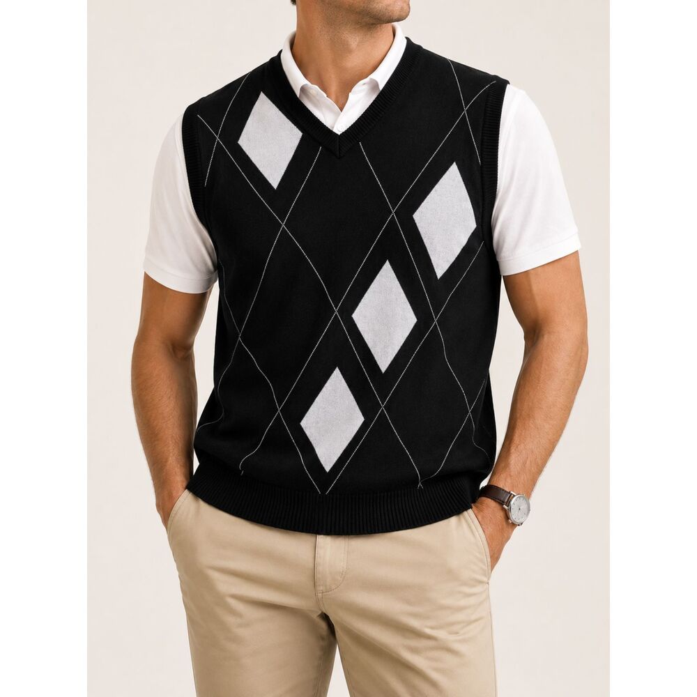 PGA TOUR Argyle Sweater Vest XXL NWT Black White 100% Cotton Golf V-Neck